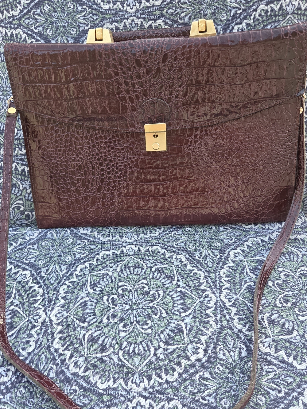 Vintage 1980s Italian Leather Briefcase Crocodile Embossed Burgundy Oxblood Atta